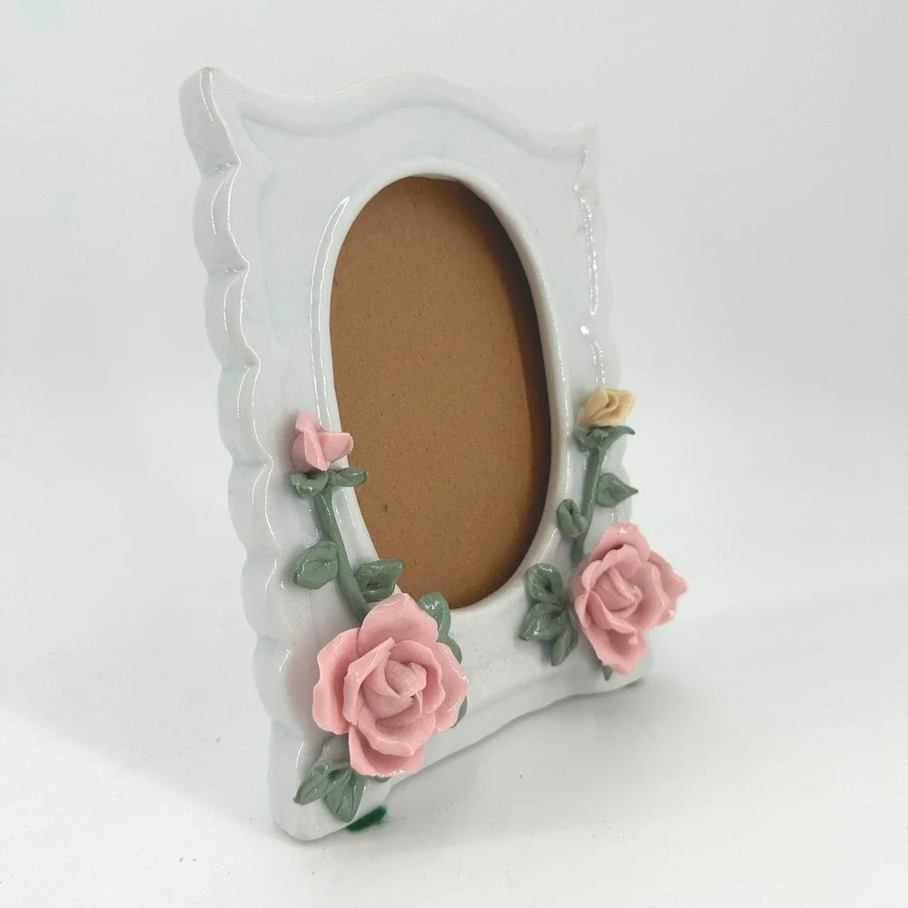 Vintage White Ceramic 3x5 or 4x6 Photo Frame with Pink Roses - Cottagecore